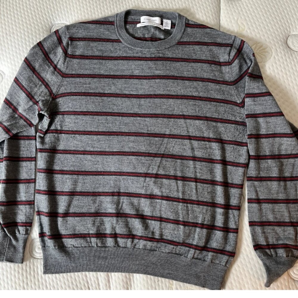 Calvin Klein Men’s L Merino Wool Blend Striped Crewneck Sweater